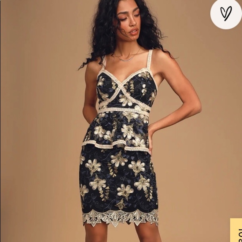 Lulus Karina Black and Blue Embroidered Peplum Dress
